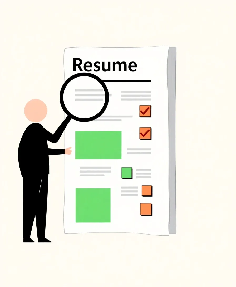 Illustration of a person inspecting a resume with a magnifying glass while green and coral blocks mark keyword passages.