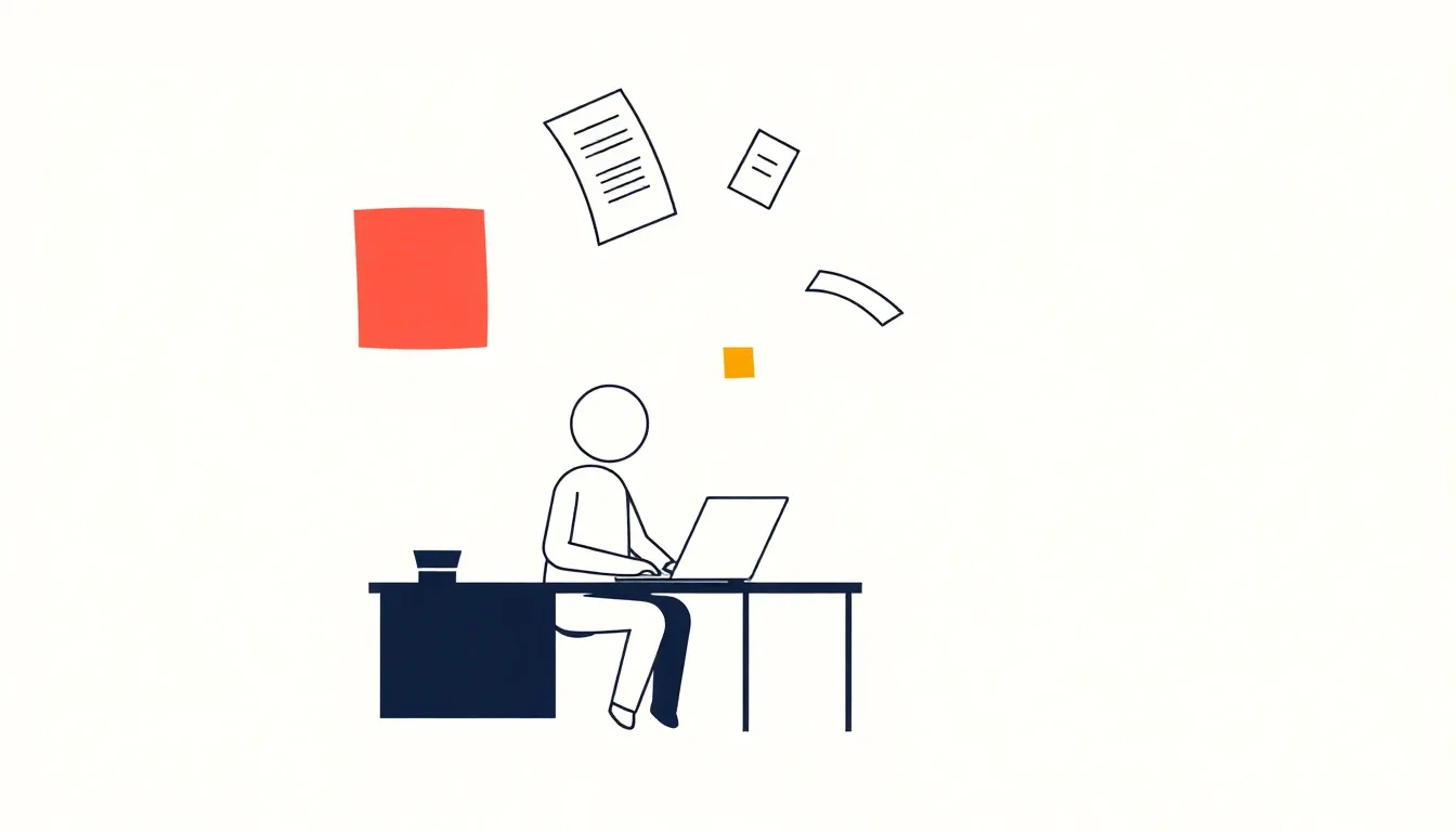 Illustration of a person at a desk with a laptop, arranging floating sheets of paper above the workspace.