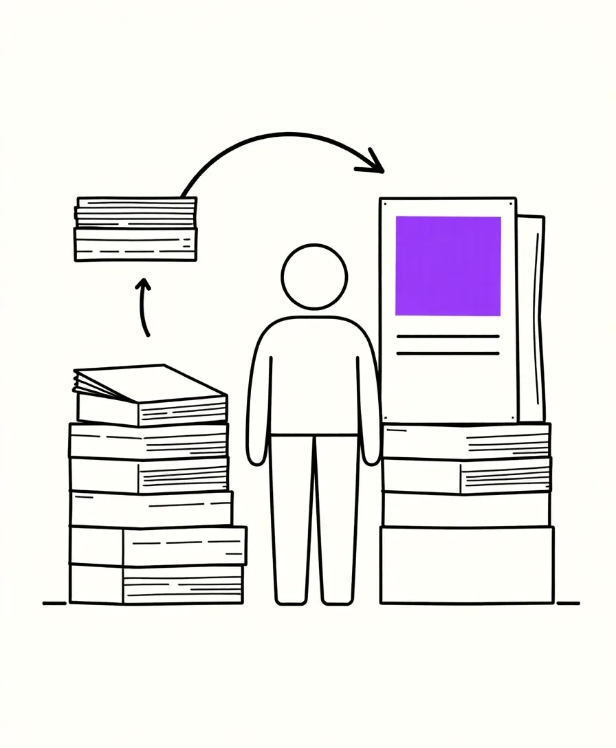 Illustration of a person standing between two stacks of paper documents with a curved arrow flowing between them.
