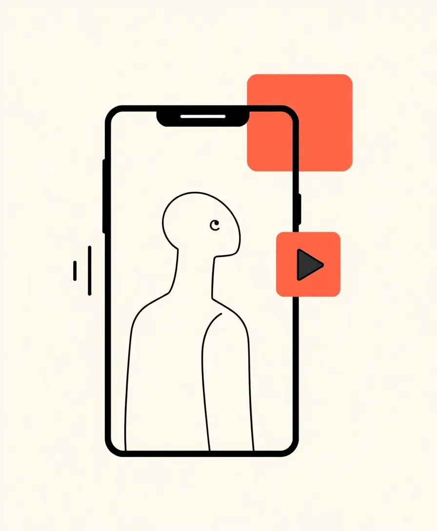 Illustration of a person framed inside a phone-shaped recording window with a coral play-button block beside them.